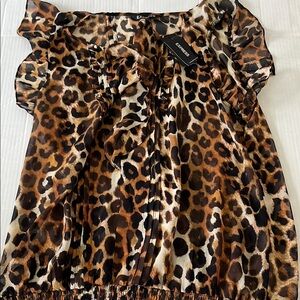 Express Ruffled Cap Sleeve Blouse in Brown and Black